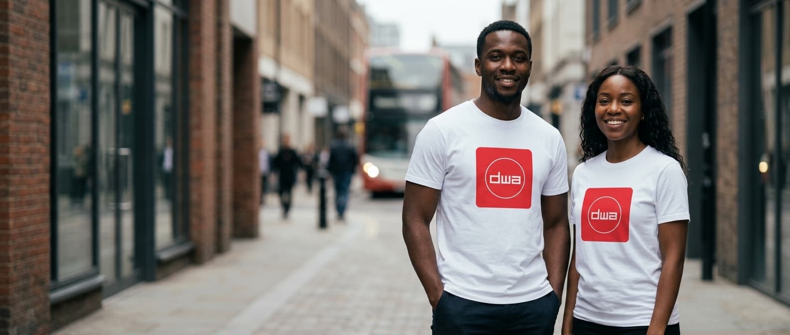 Two people wearing DWA-branded shirts on a London street