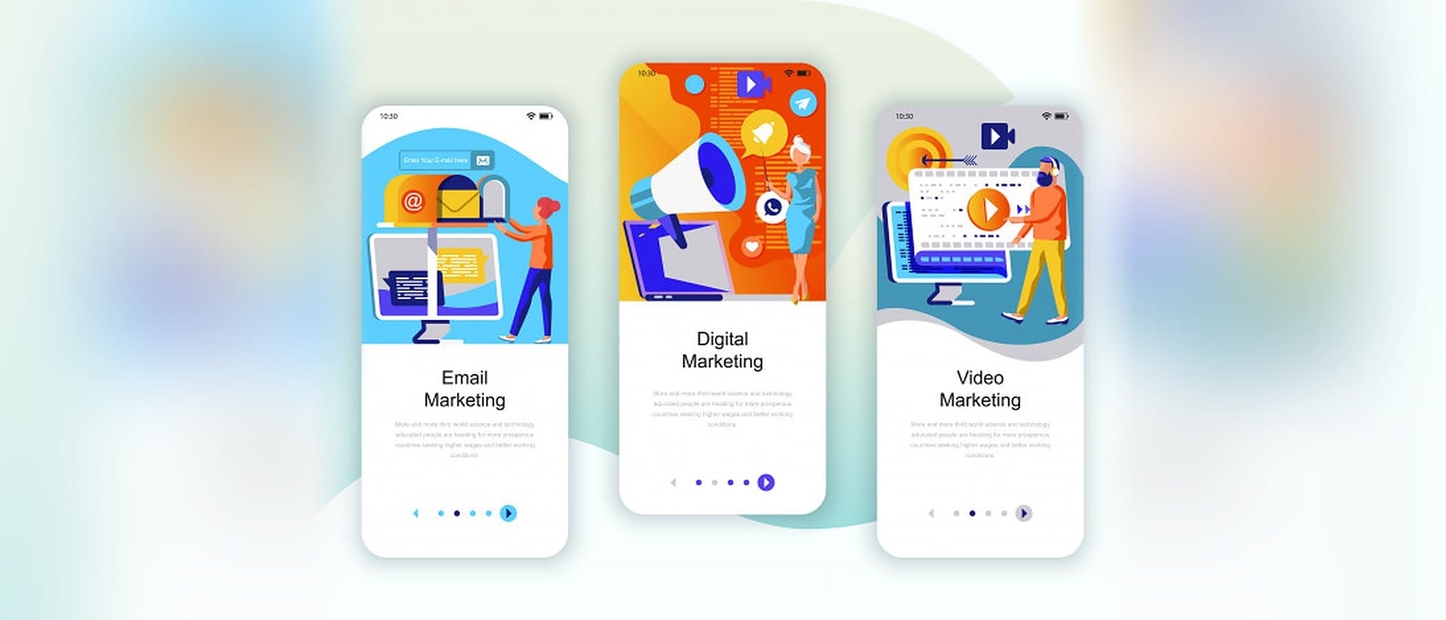Three phone screens illustrating email, digital and video marketing