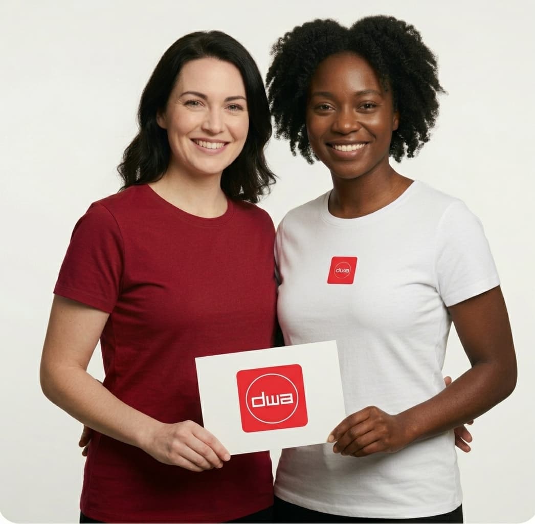 Two DWA team members holding the DWA mark